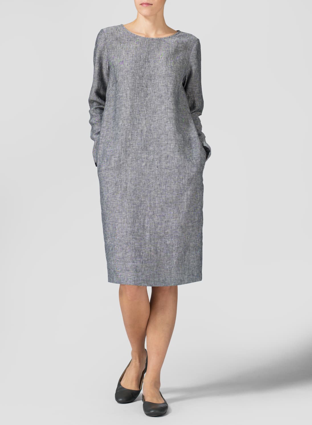 TWO TONE BLACK LINEN COLLARLESS MID-LENGTH DRESS