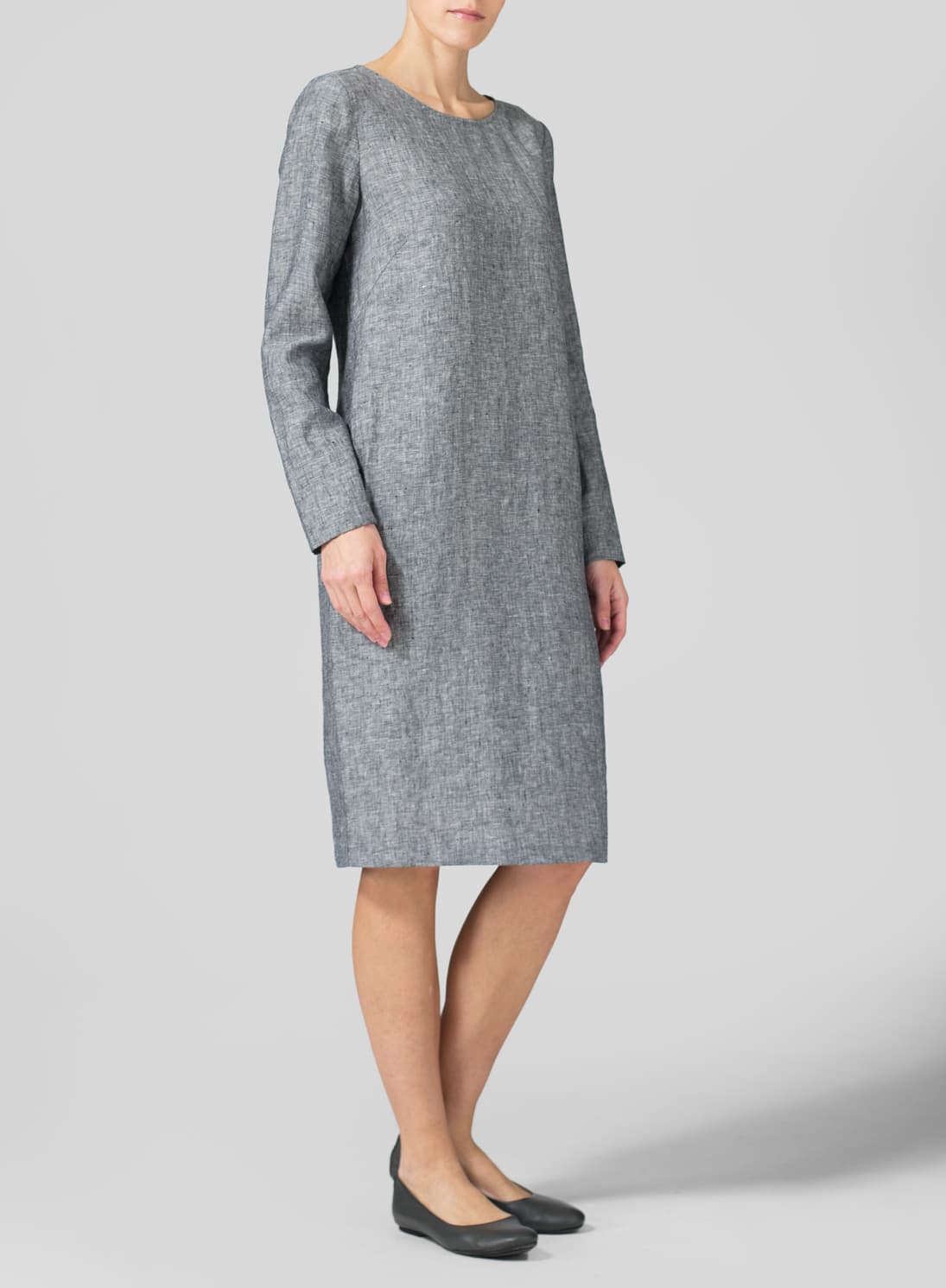TWO TONE BLACK LINEN COLLARLESS MID-LENGTH DRESS