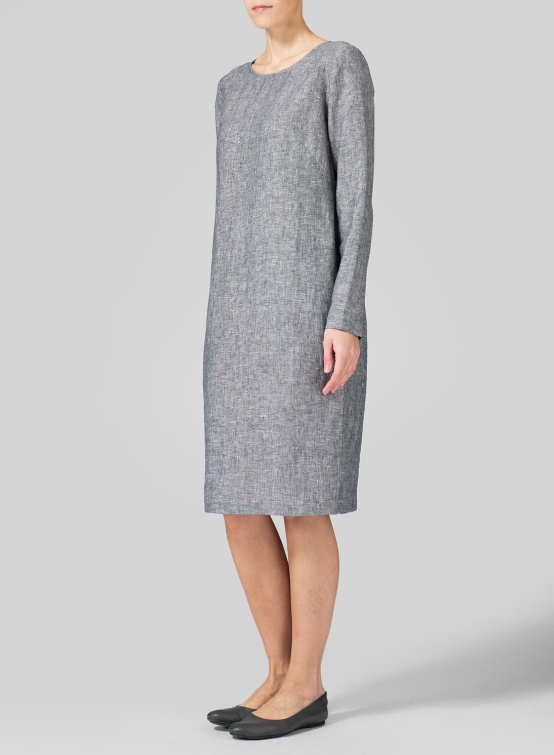 TWO TONE BLACK LINEN COLLARLESS MID-LENGTH DRESS