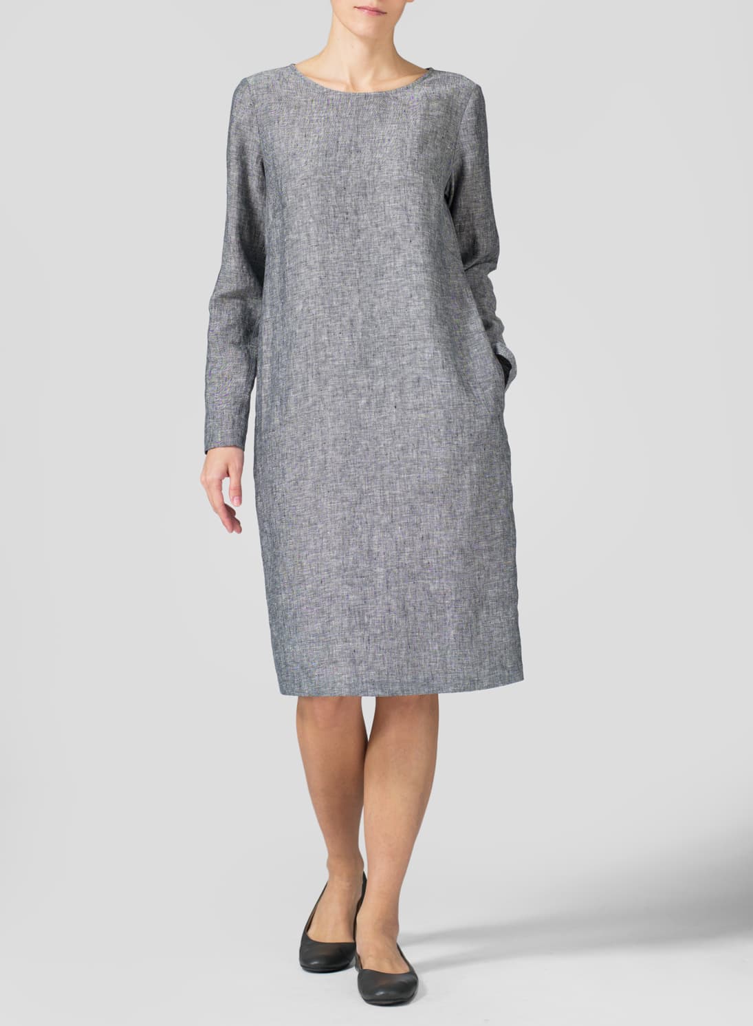 TWO TONE BLACK LINEN COLLARLESS MID-LENGTH DRESS