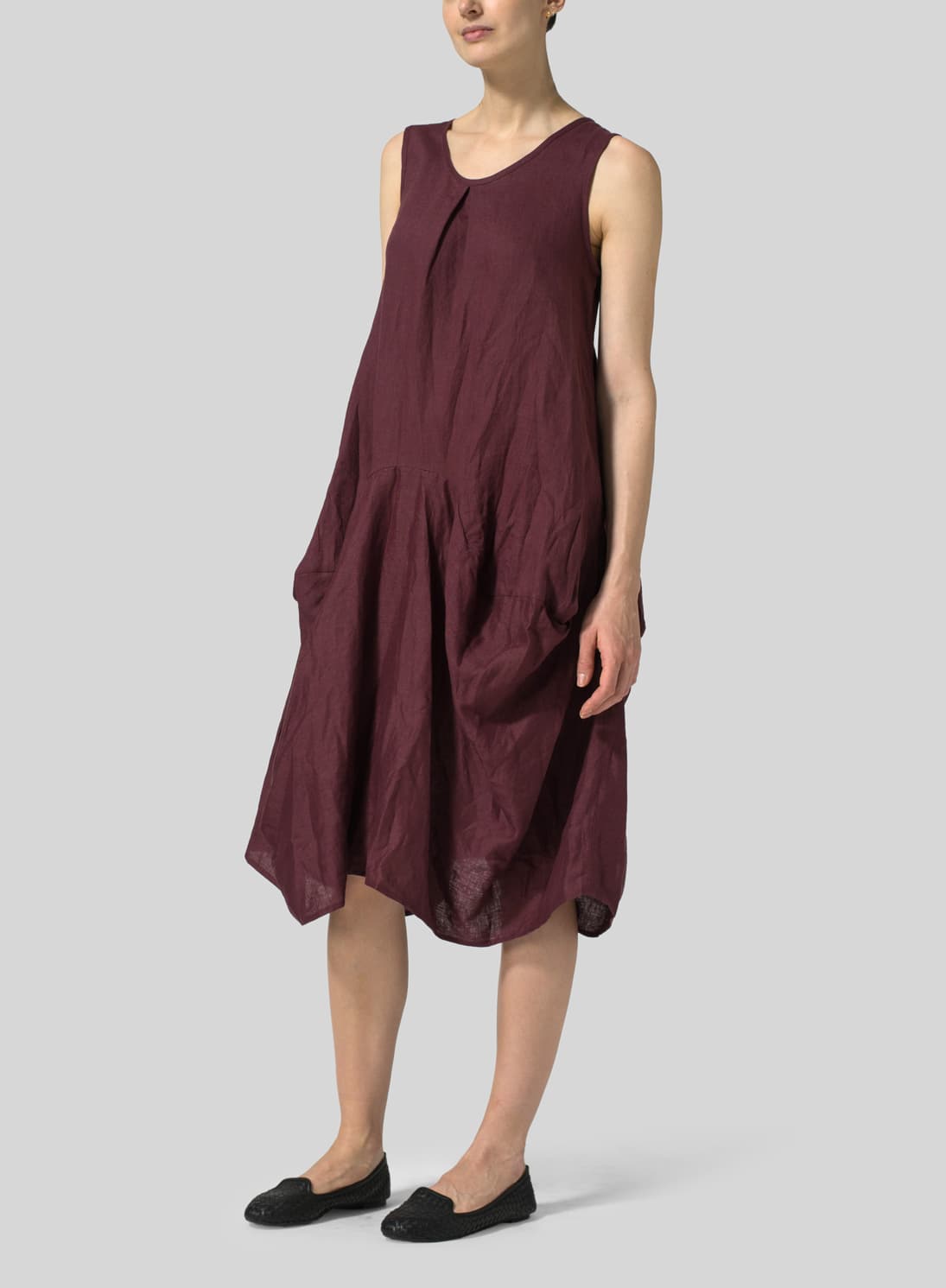 PLUM LINEN SLEEVELESS DRAPED DRESS