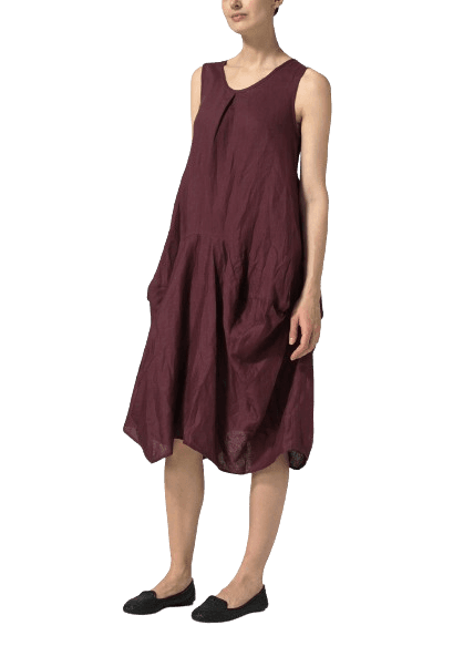 PLUM LINEN SLEEVELESS DRAPED DRESS