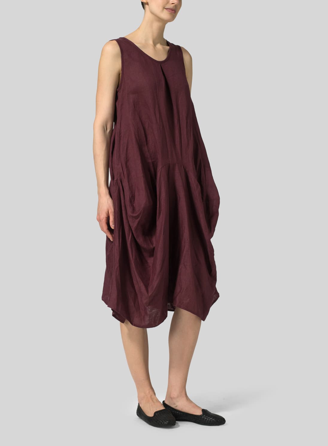 PLUM LINEN SLEEVELESS DRAPED DRESS