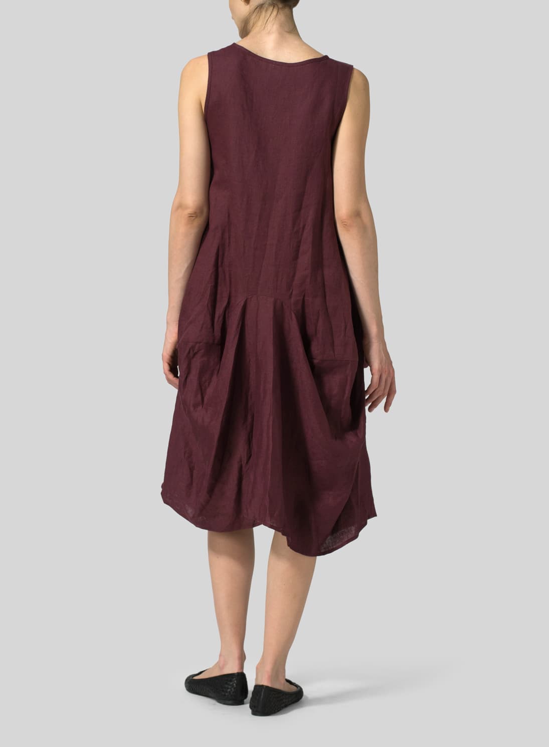 PLUM LINEN SLEEVELESS DRAPED DRESS