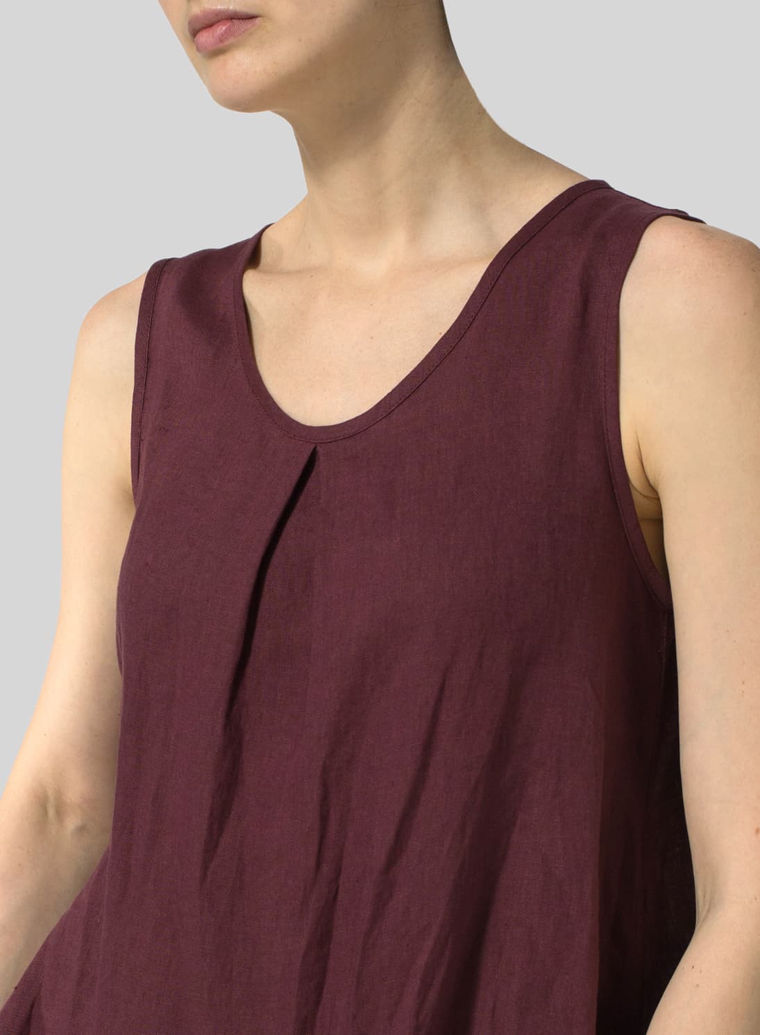 PLUM LINEN SLEEVELESS DRAPED DRESS