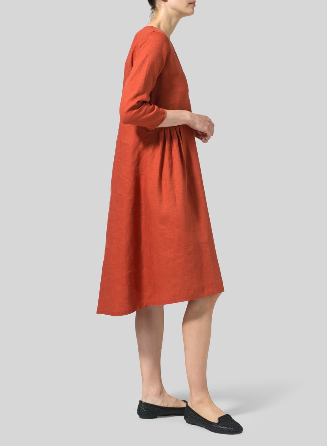 BURNT ORANGE LINEN EMPIRE WAIST MIDI DRESS