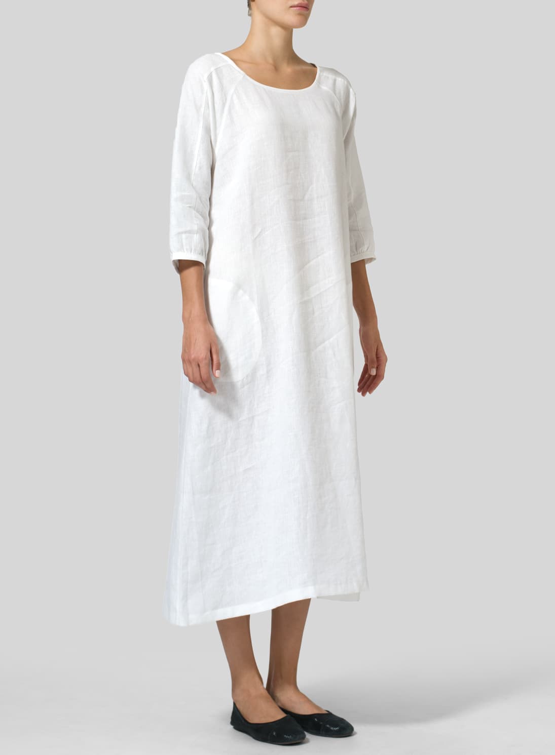 WHITE LINEN ELBOW SLEEVE LONG DRESS