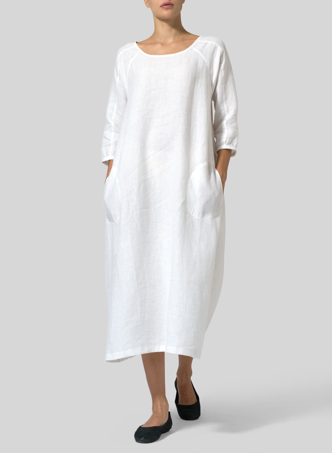 WHITE LINEN ELBOW SLEEVE LONG DRESS