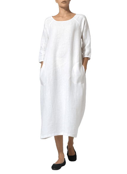 WHITE LINEN ELBOW SLEEVE LONG DRESS