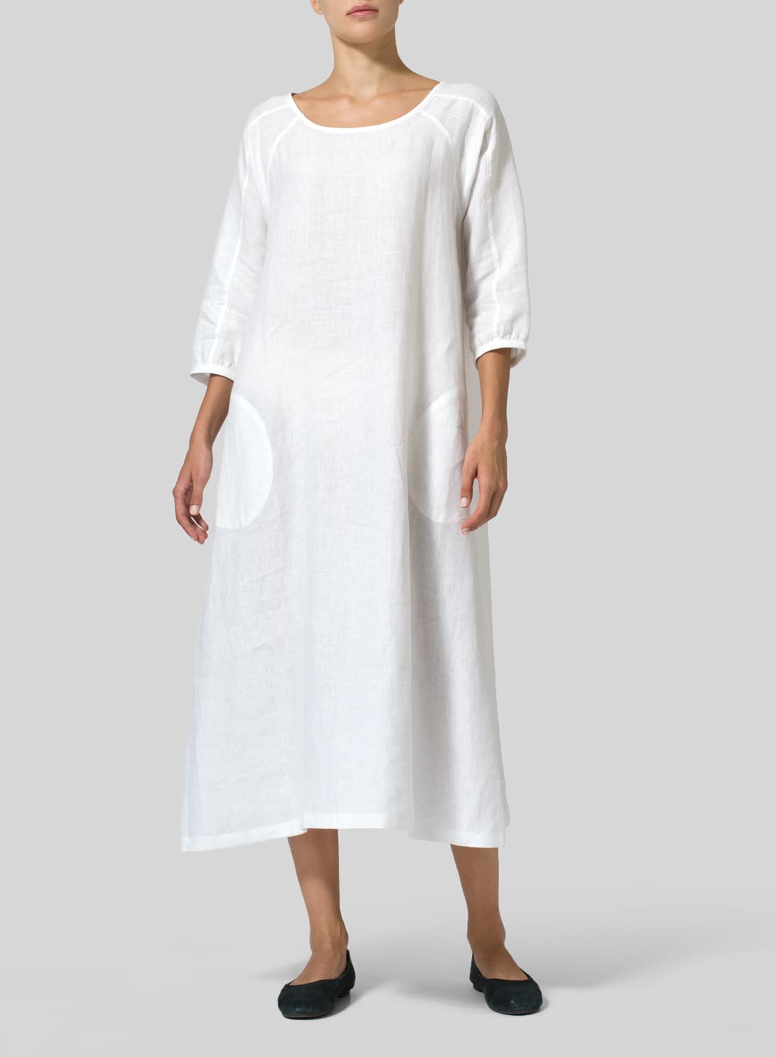 WHITE LINEN ELBOW SLEEVE LONG DRESS
