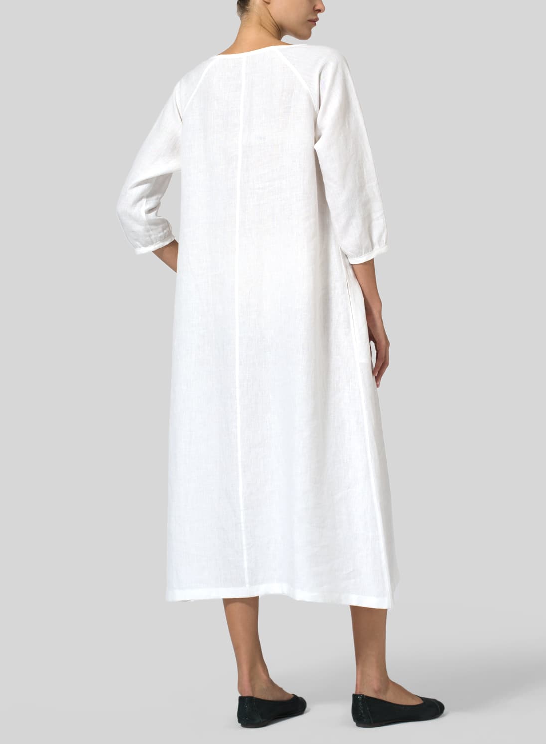 WHITE LINEN ELBOW SLEEVE LONG DRESS