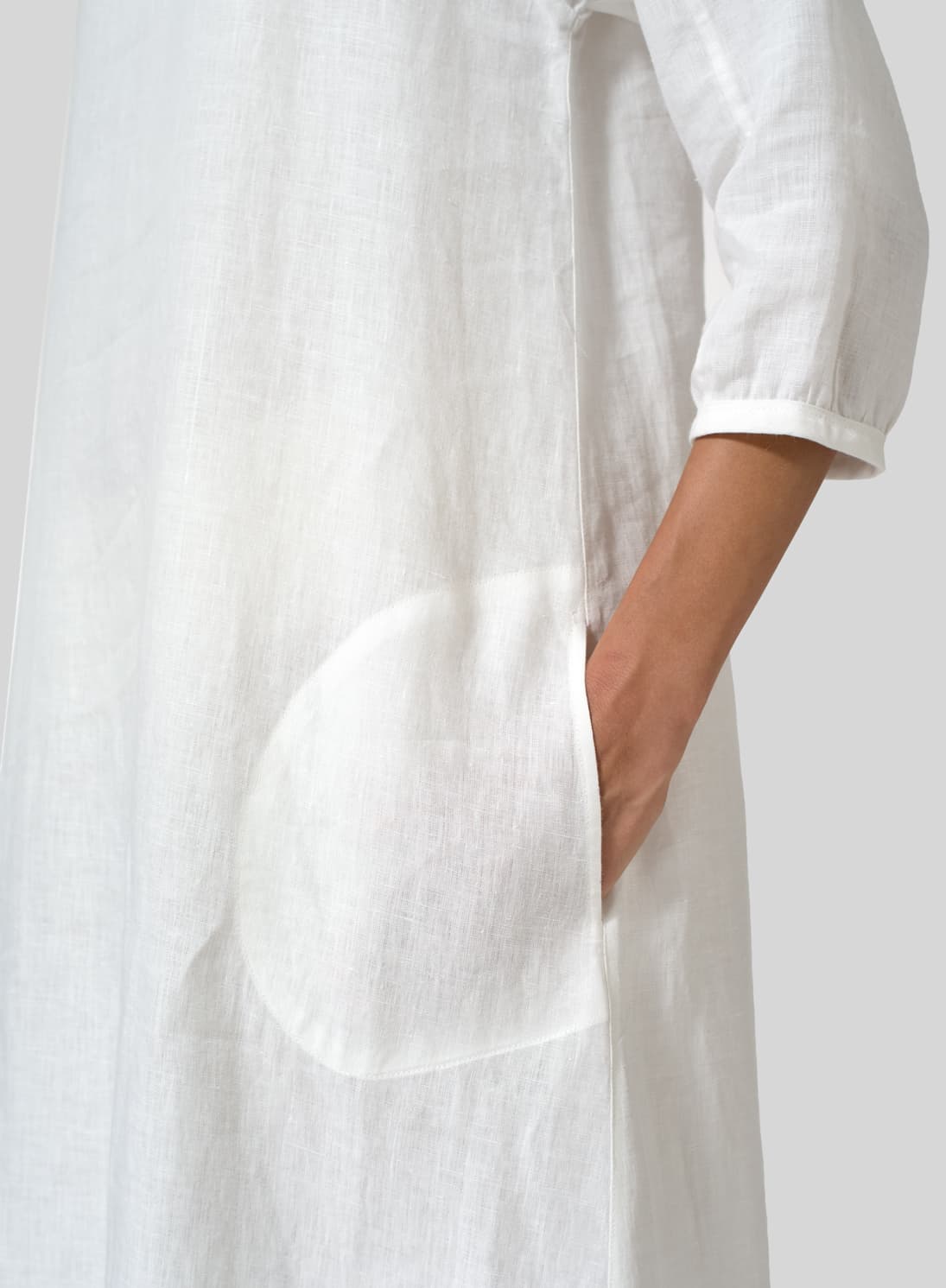 WHITE LINEN ELBOW SLEEVE LONG DRESS