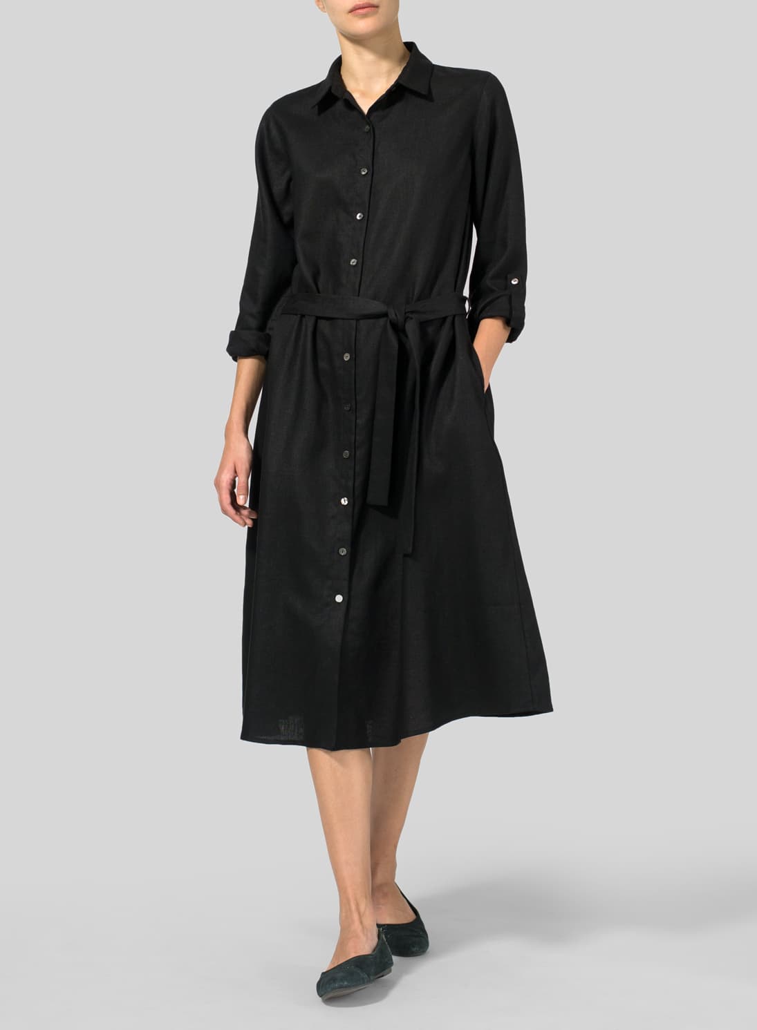 BLACK LINEN WAIST TIE DRESS