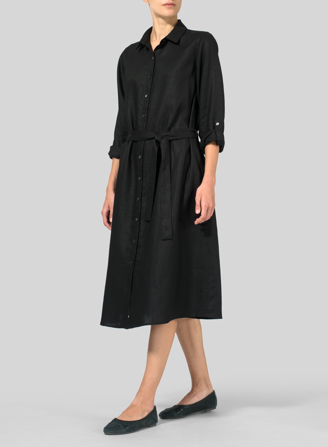 BLACK LINEN WAIST TIE DRESS