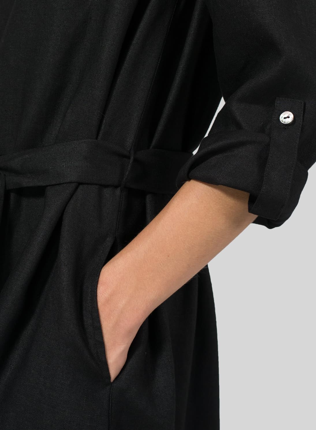 BLACK LINEN WAIST TIE DRESS
