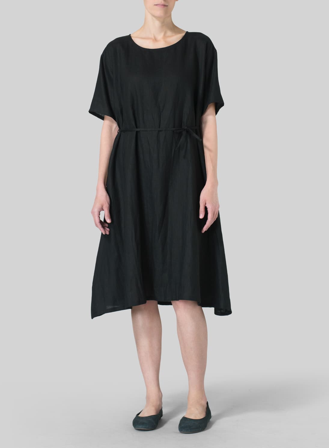 BLACK LINEN TIE WAIST DRESS