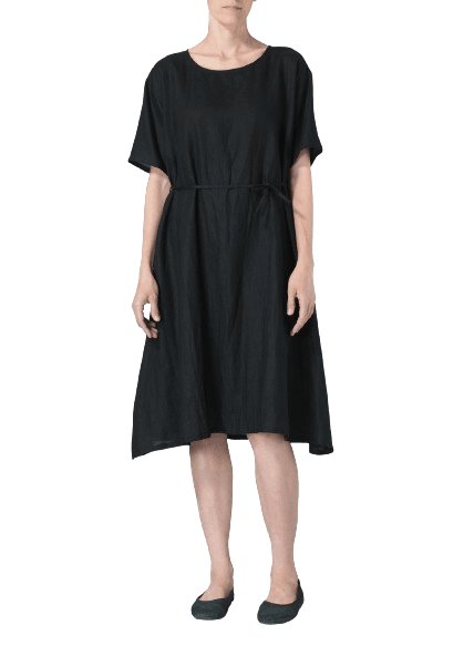 BLACK LINEN TIE WAIST DRESS
