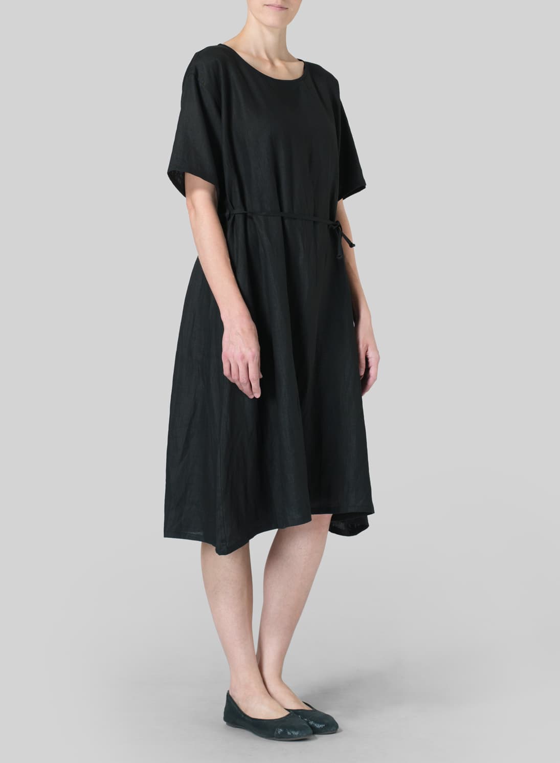 BLACK LINEN TIE WAIST DRESS