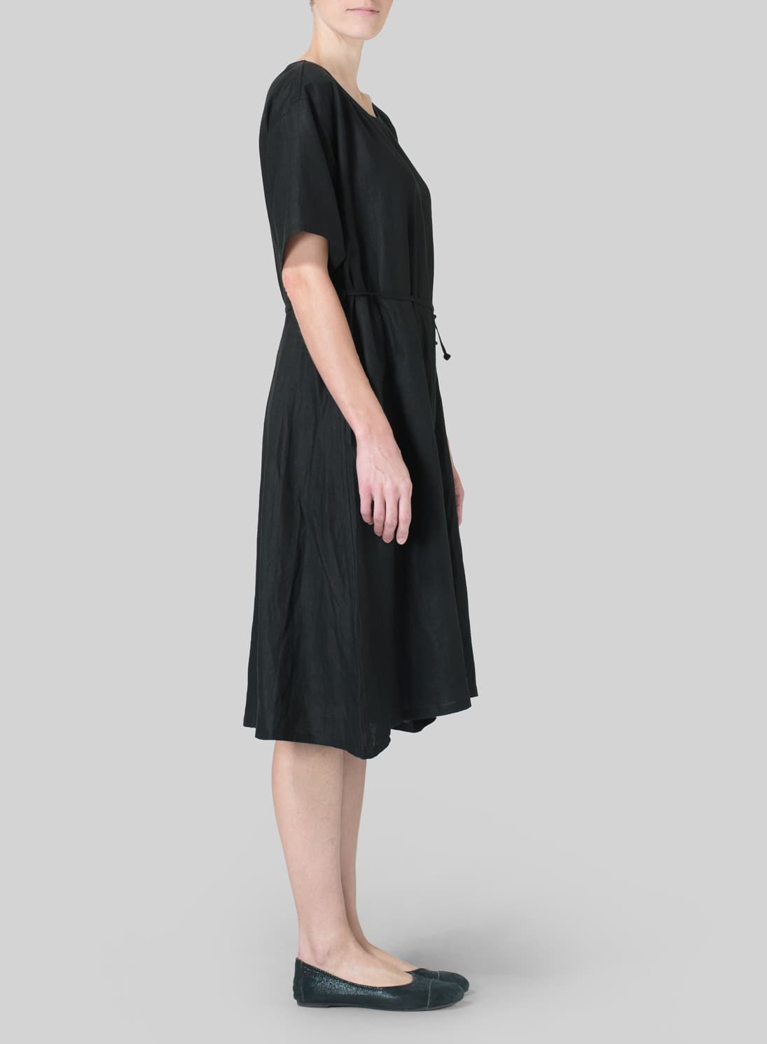 BLACK LINEN TIE WAIST DRESS