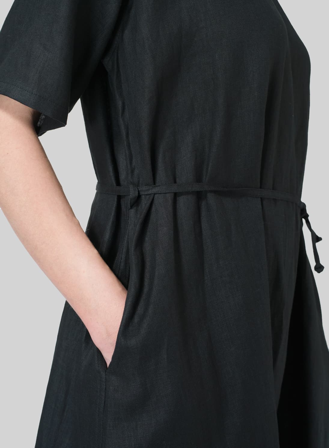 BLACK LINEN TIE WAIST DRESS
