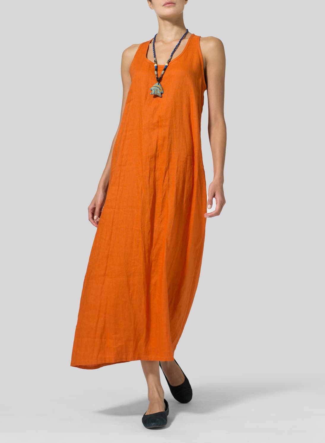 ORANGE LINEN A LINE MAXI  DRESS