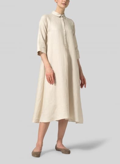 WHITE SAND LINEN FLARE DRESS