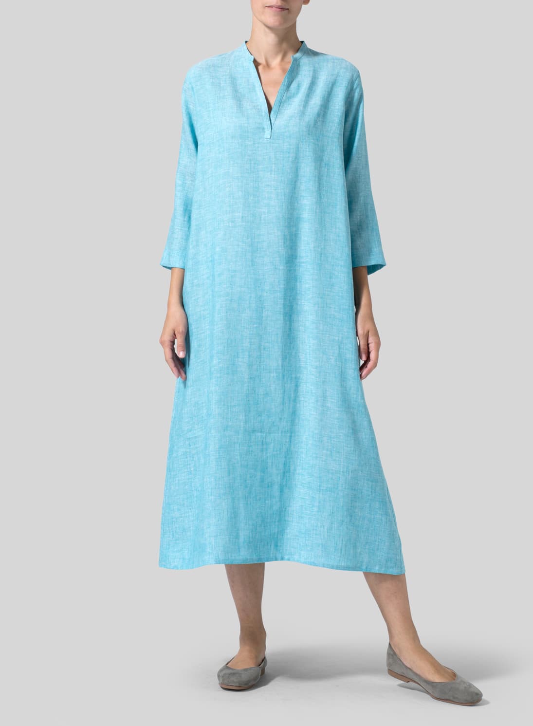 SEA GREEN LINEN V NECK MANDARIN COLLAR DRESS TUNIC