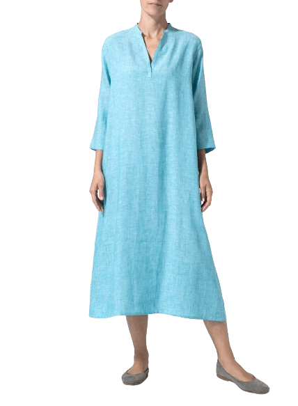 SEA GREEN LINEN V NECK MANDARIN COLLAR DRESS TUNIC