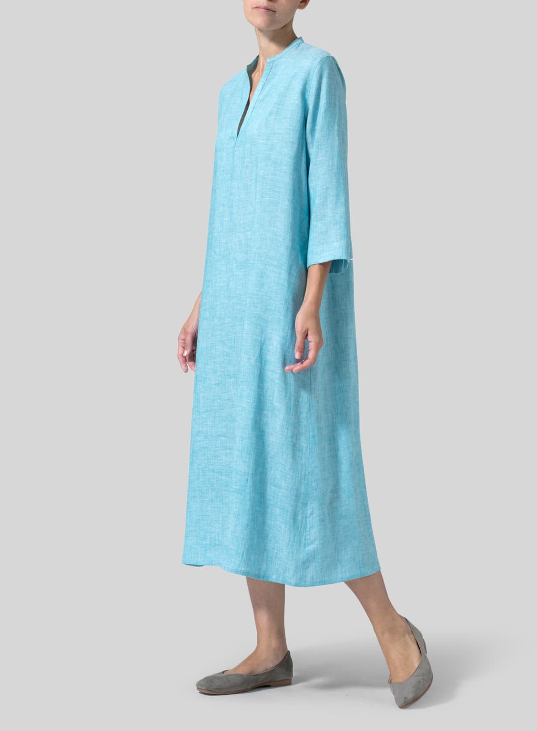 SEA GREEN LINEN V NECK MANDARIN COLLAR DRESS TUNIC