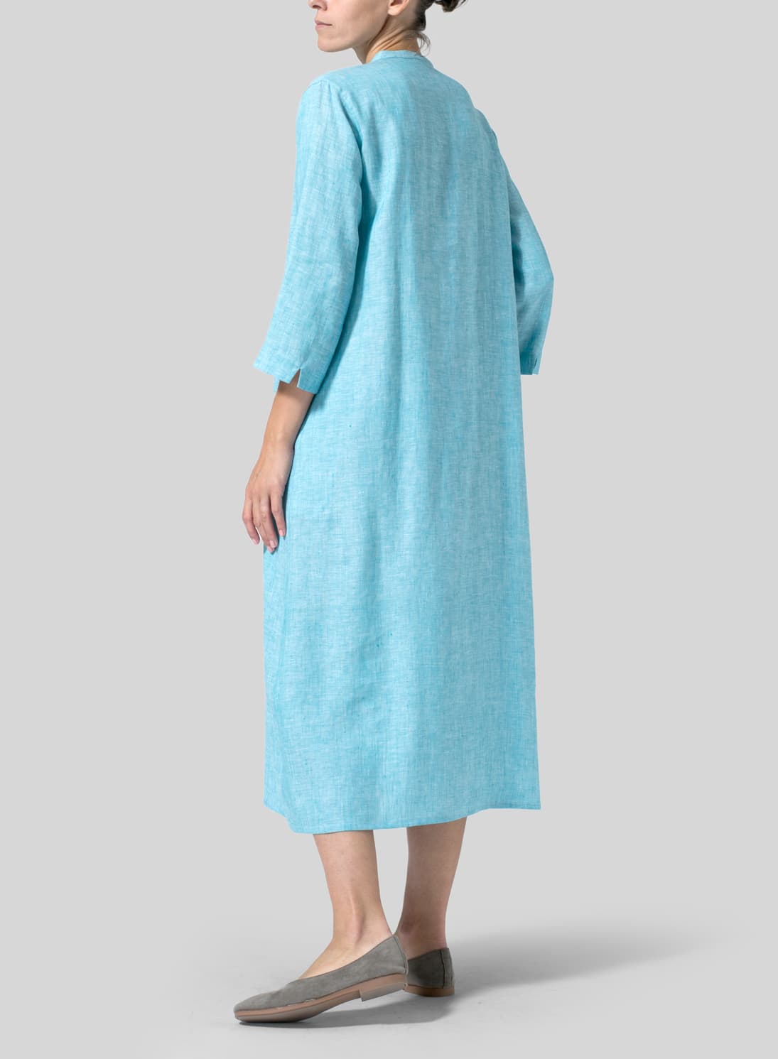 SEA GREEN LINEN V NECK MANDARIN COLLAR DRESS TUNIC
