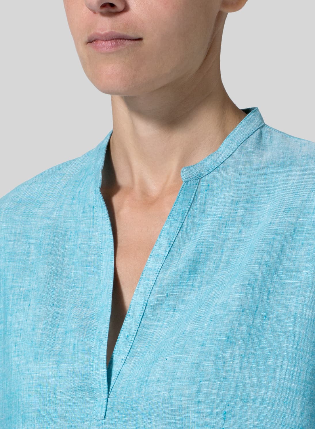 SEA GREEN LINEN V NECK MANDARIN COLLAR DRESS TUNIC
