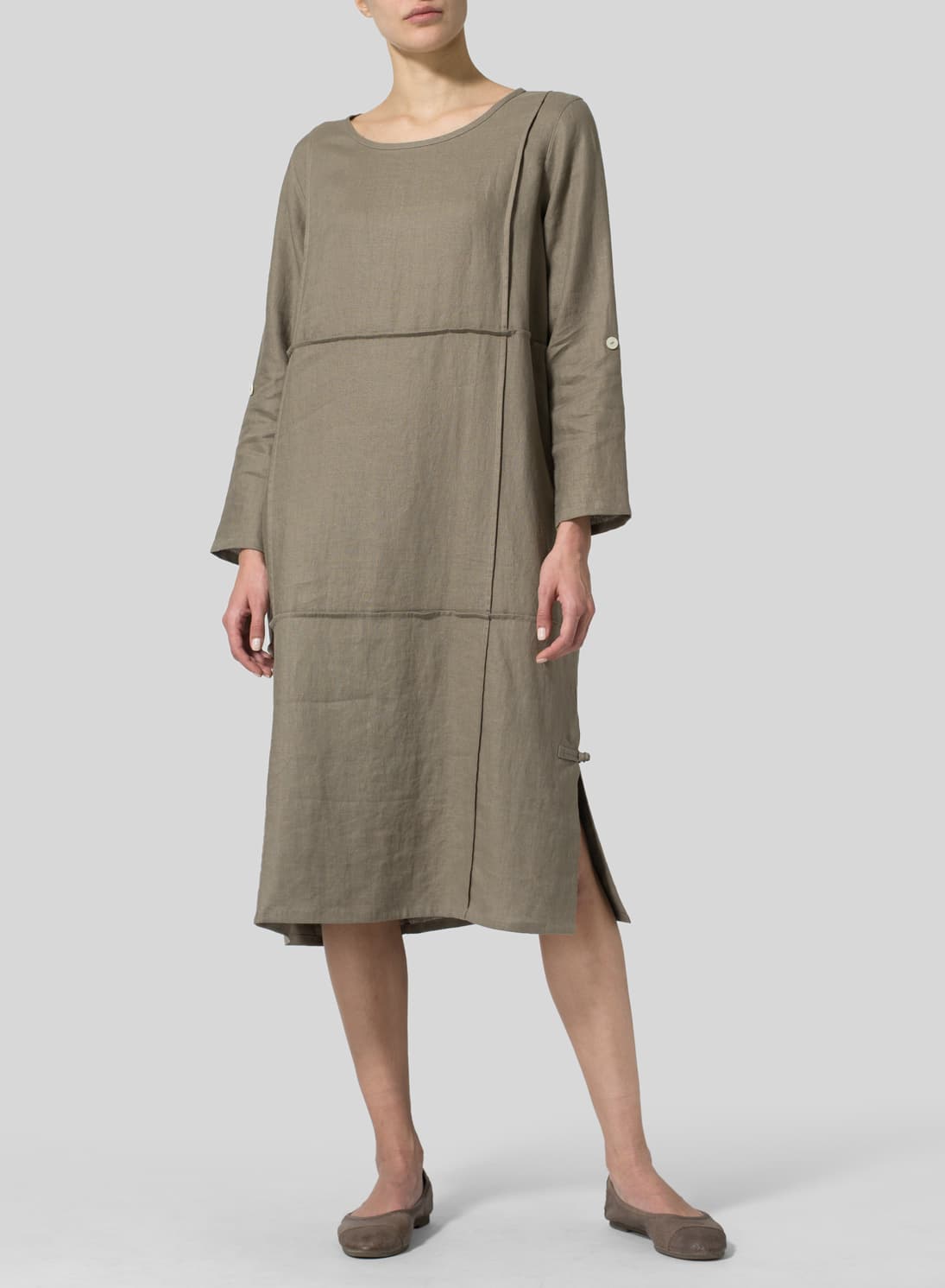 DARK KHAKI LINEN LONG SLEEVE DRESS