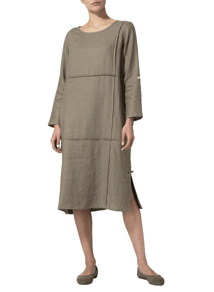 DARK KHAKI LINEN LONG SLEEVE DRESS