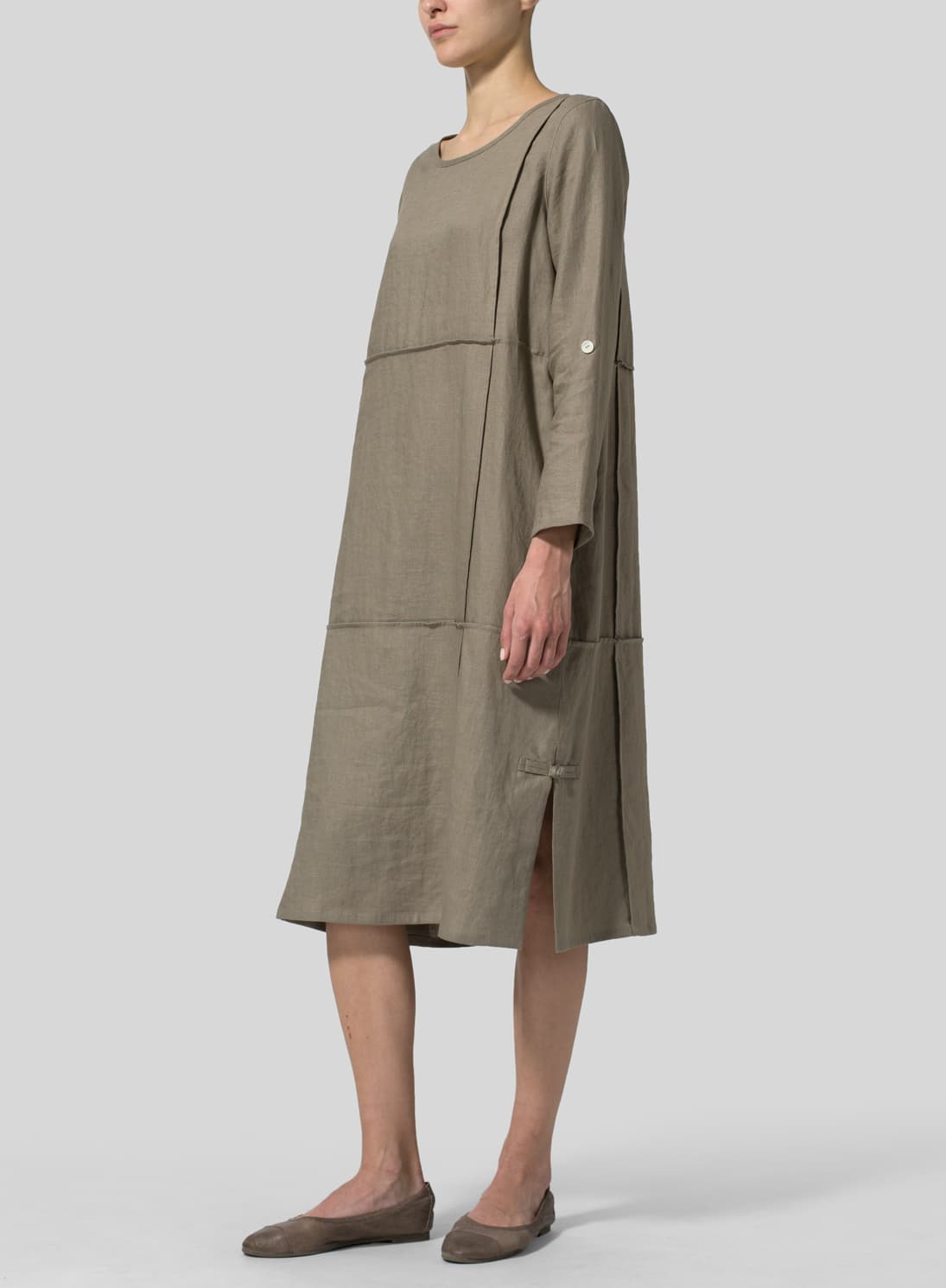DARK KHAKI LINEN LONG SLEEVE DRESS