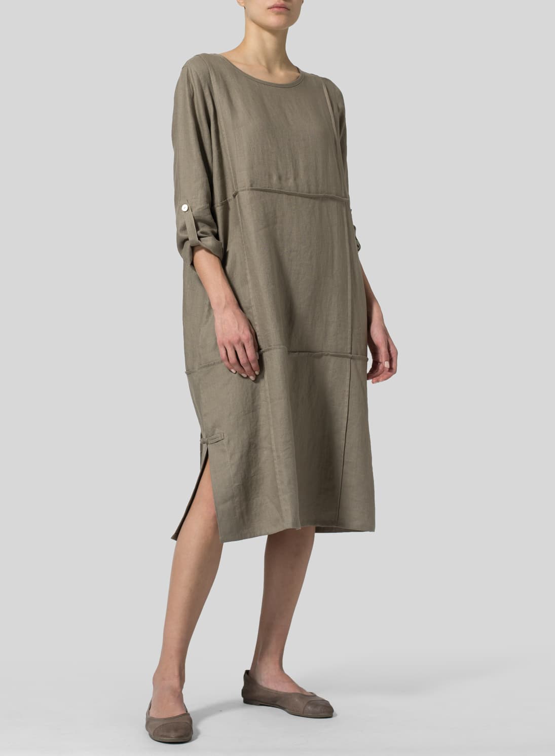 DARK KHAKI LINEN LONG SLEEVE DRESS