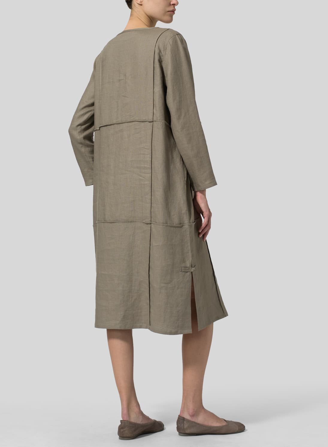 DARK KHAKI LINEN LONG SLEEVE DRESS