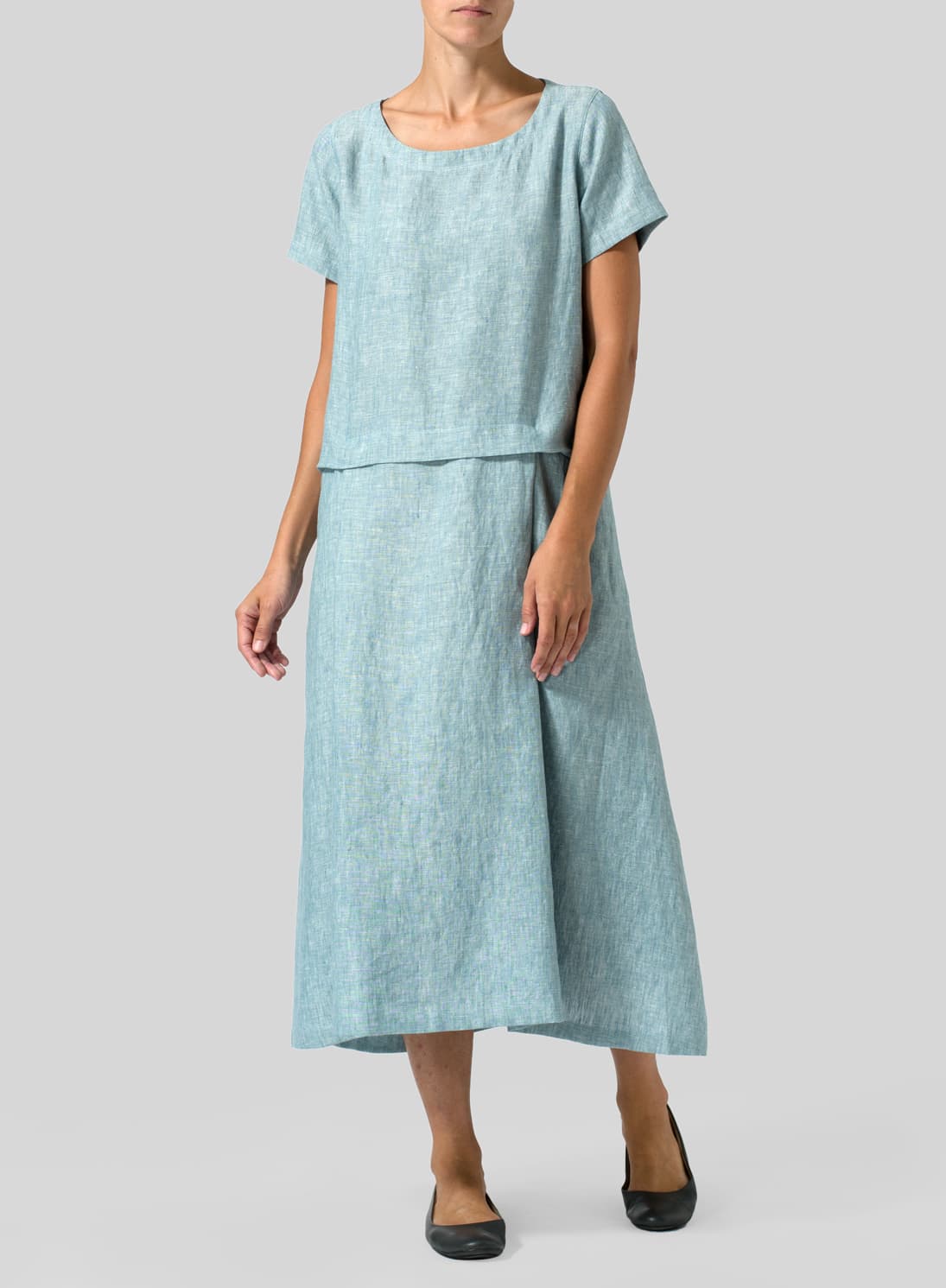 TWO TONE LIGHT  GREEN LINEN SHORT SLEEVES A LINE DRESS