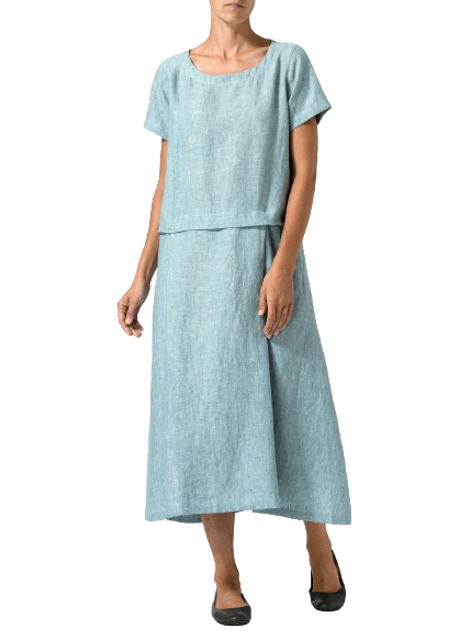 TWO TONE LIGHT  GREEN LINEN SHORT SLEEVES A LINE DRESS