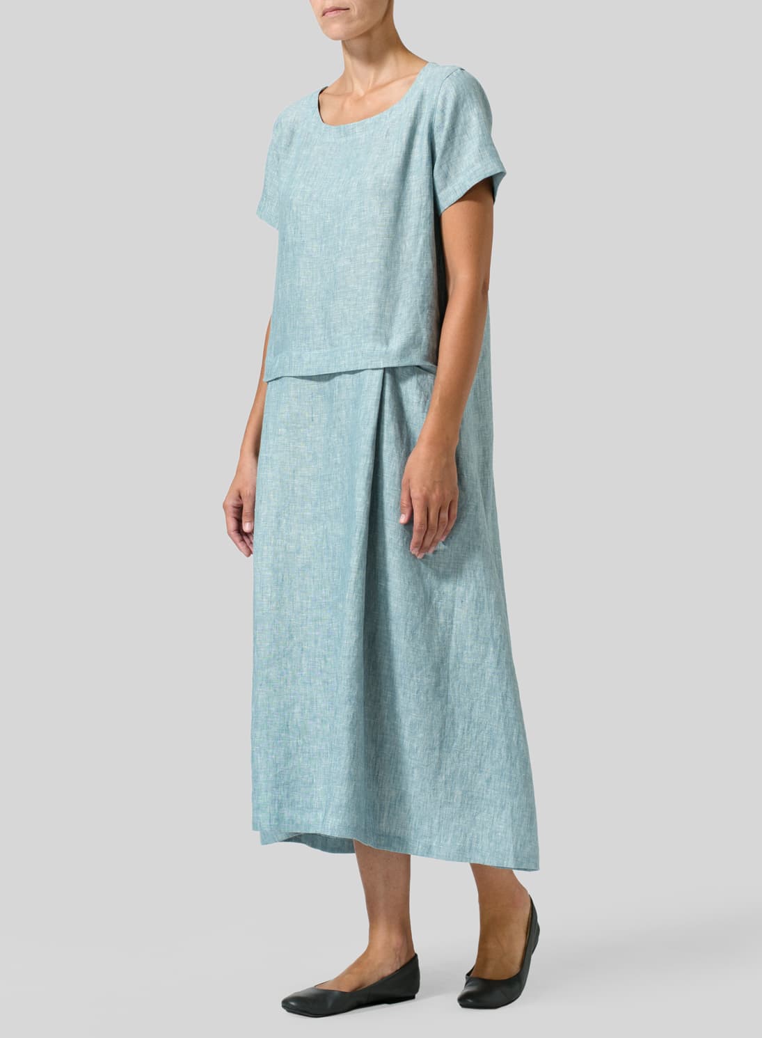TWO TONE LIGHT  GREEN LINEN SHORT SLEEVES A LINE DRESS