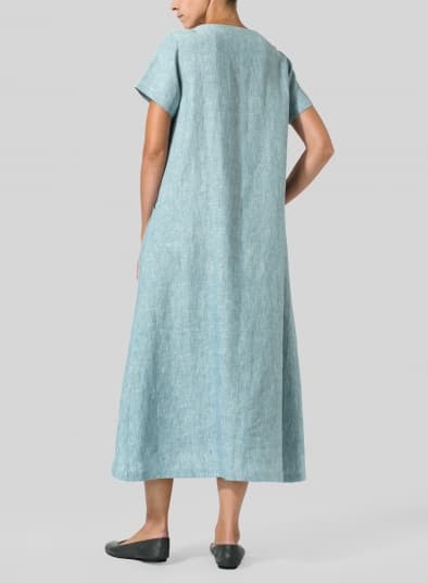 TWO TONE LIGHT  GREEN LINEN SHORT SLEEVES A LINE DRESS