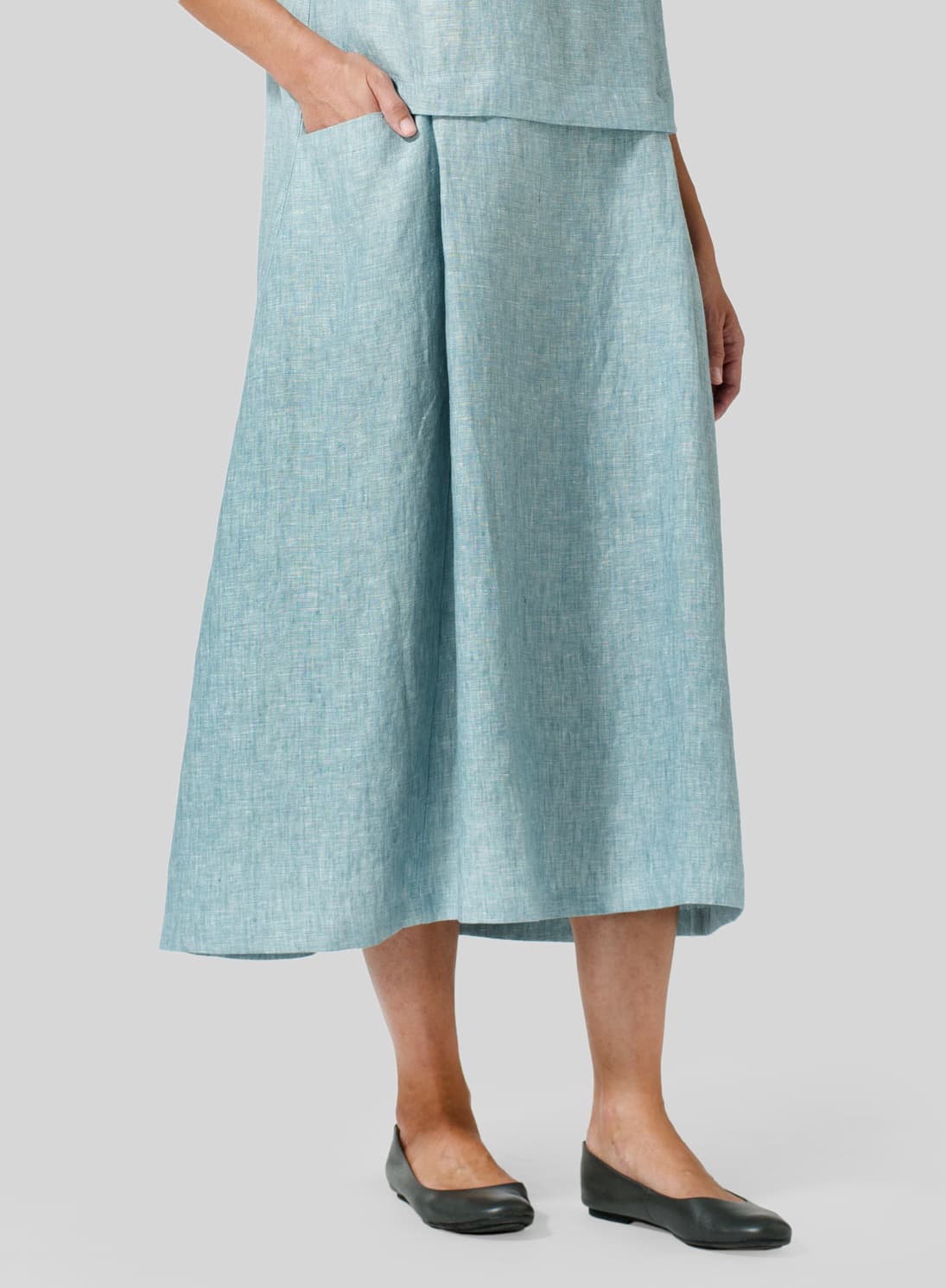 TWO TONE LIGHT  GREEN LINEN SHORT SLEEVES A LINE DRESS