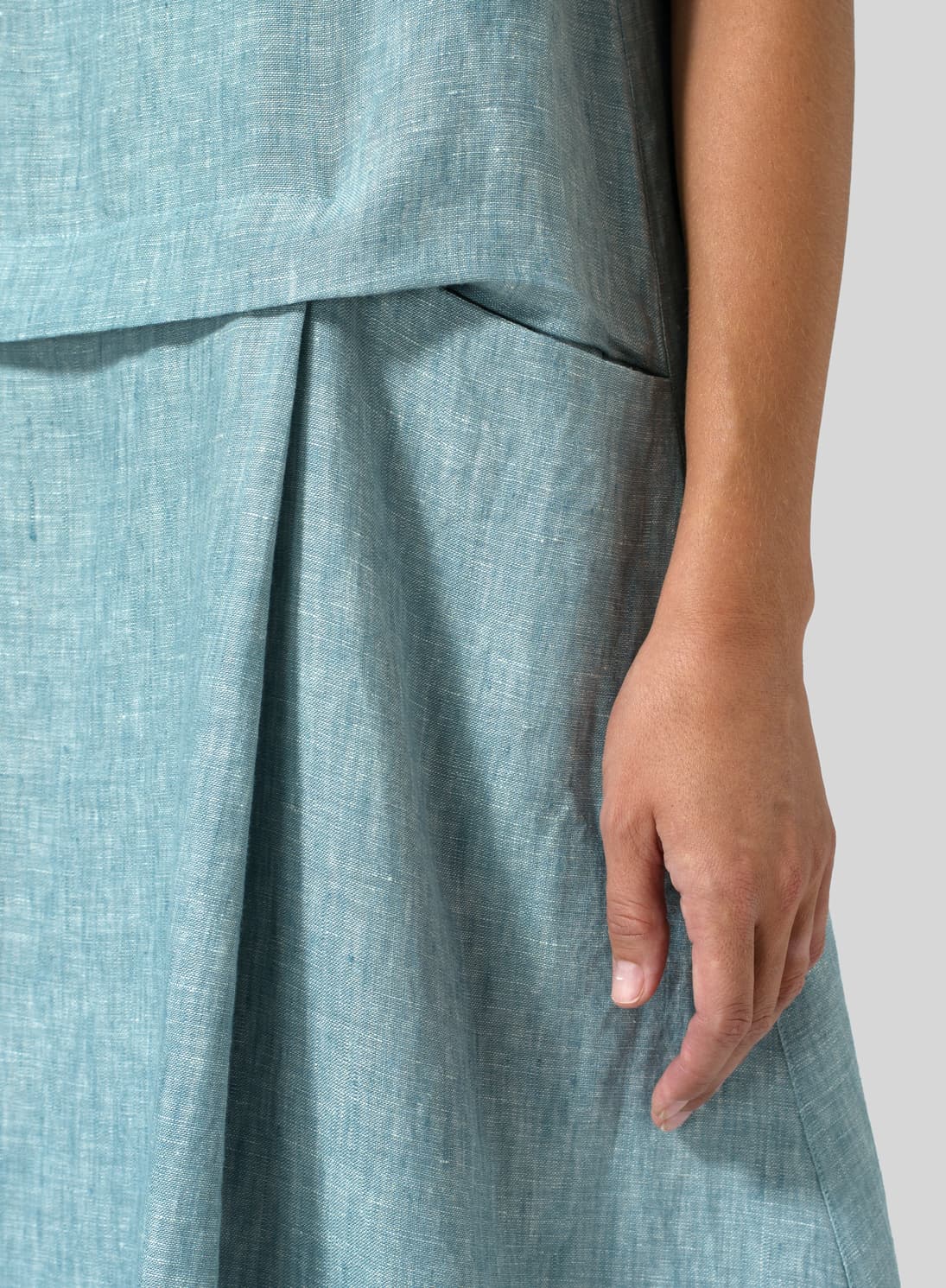 TWO TONE LIGHT  GREEN LINEN SHORT SLEEVES A LINE DRESS
