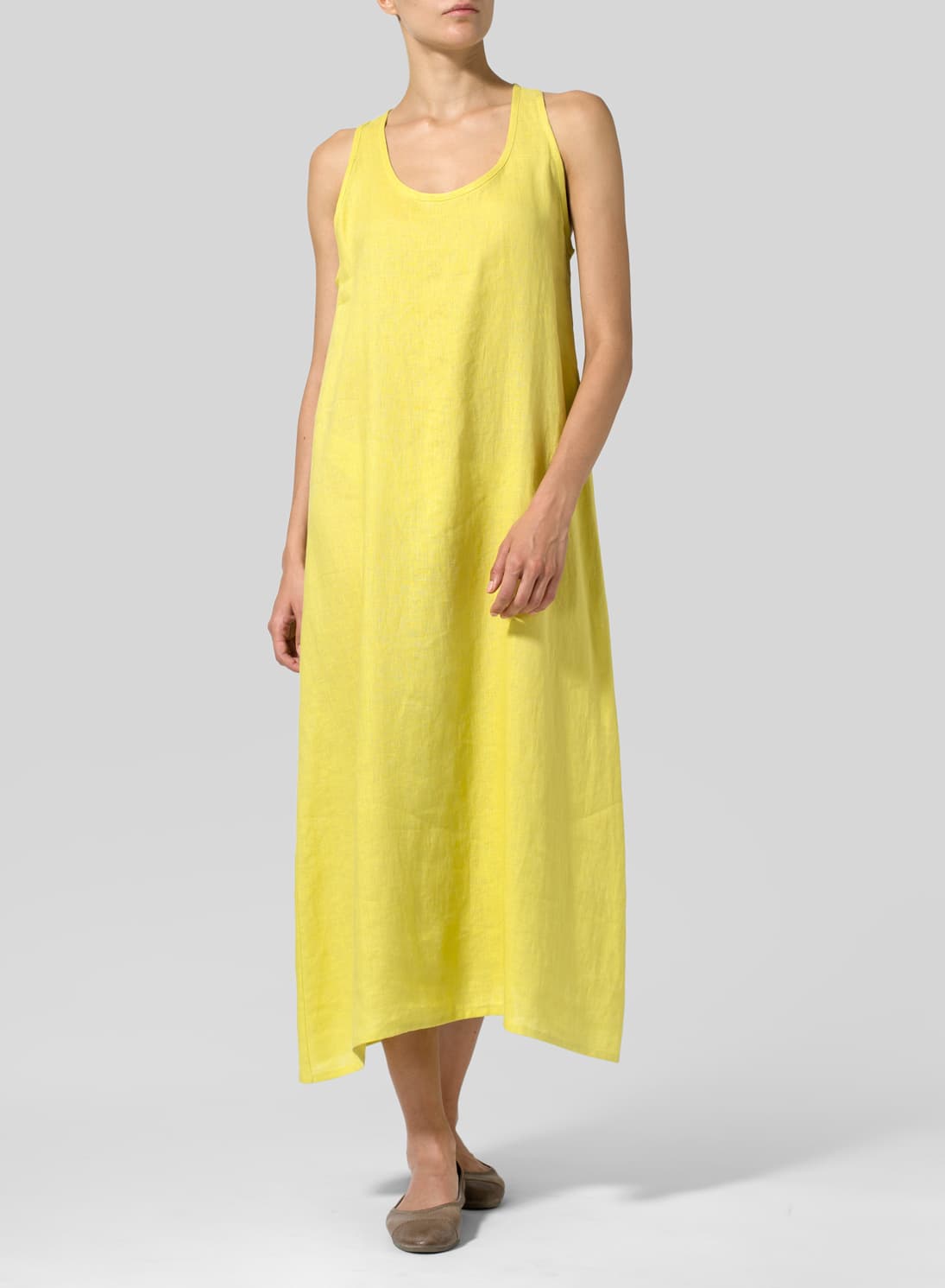 YELLOW LINEN DIPPED HEM MAXI DRESS