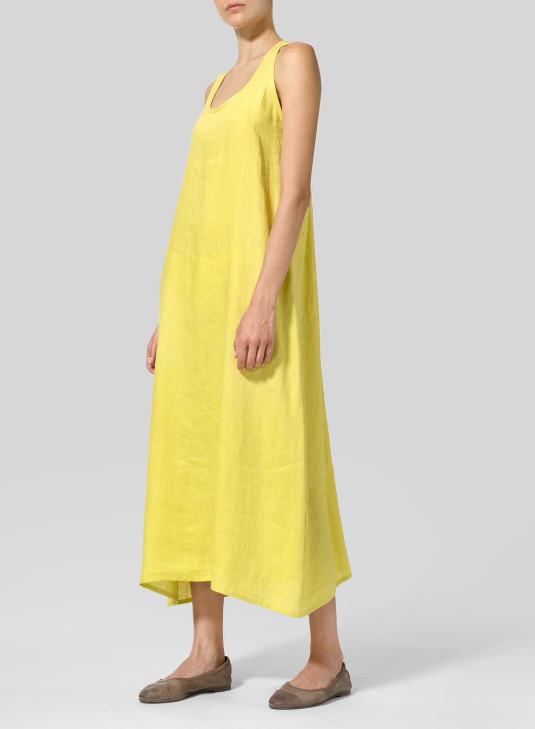 YELLOW LINEN DIPPED HEM MAXI DRESS