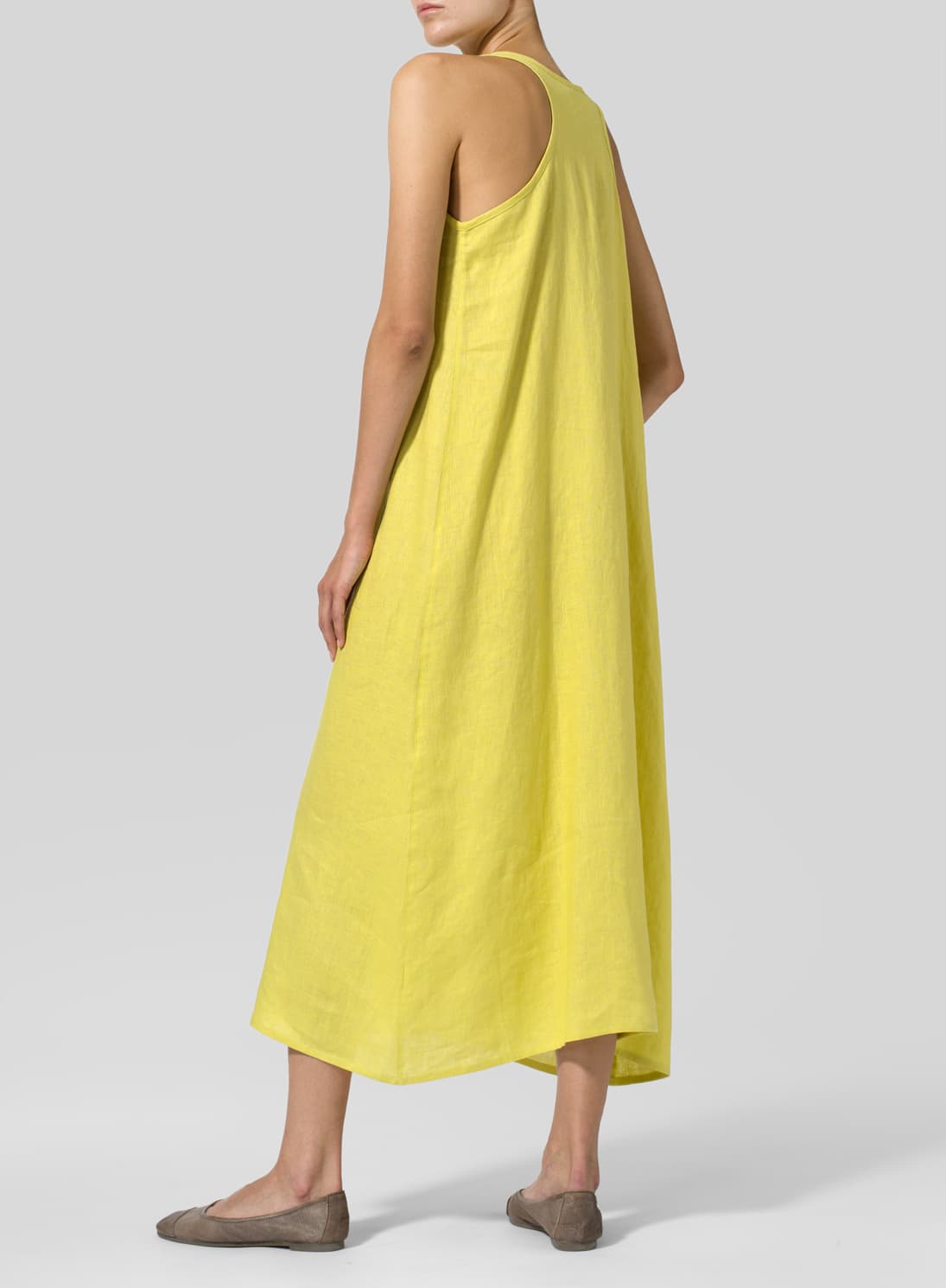 YELLOW LINEN DIPPED HEM MAXI DRESS