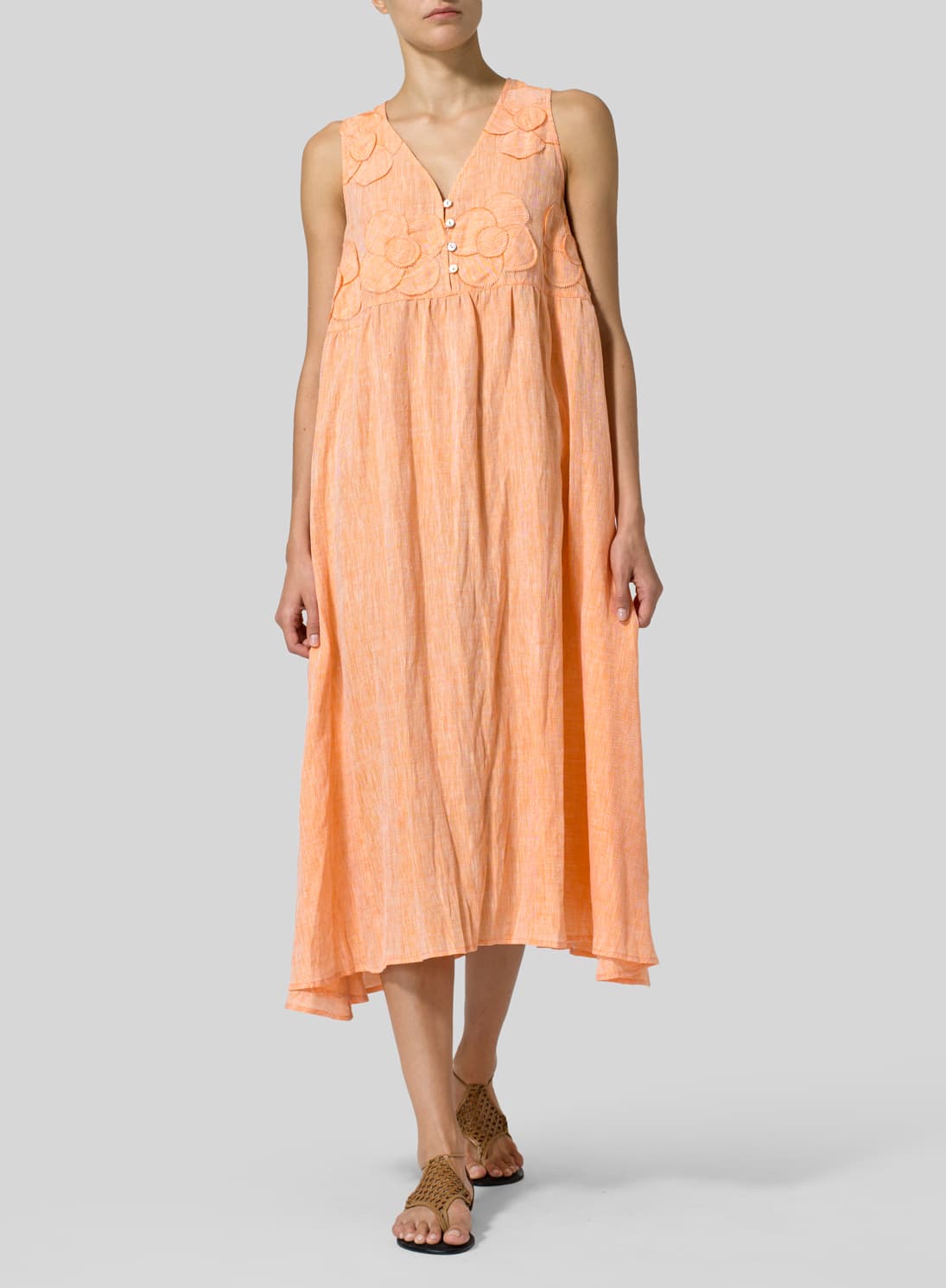SUN ORANGE LINEN SLEEVELESS A LINE LONG DRESS