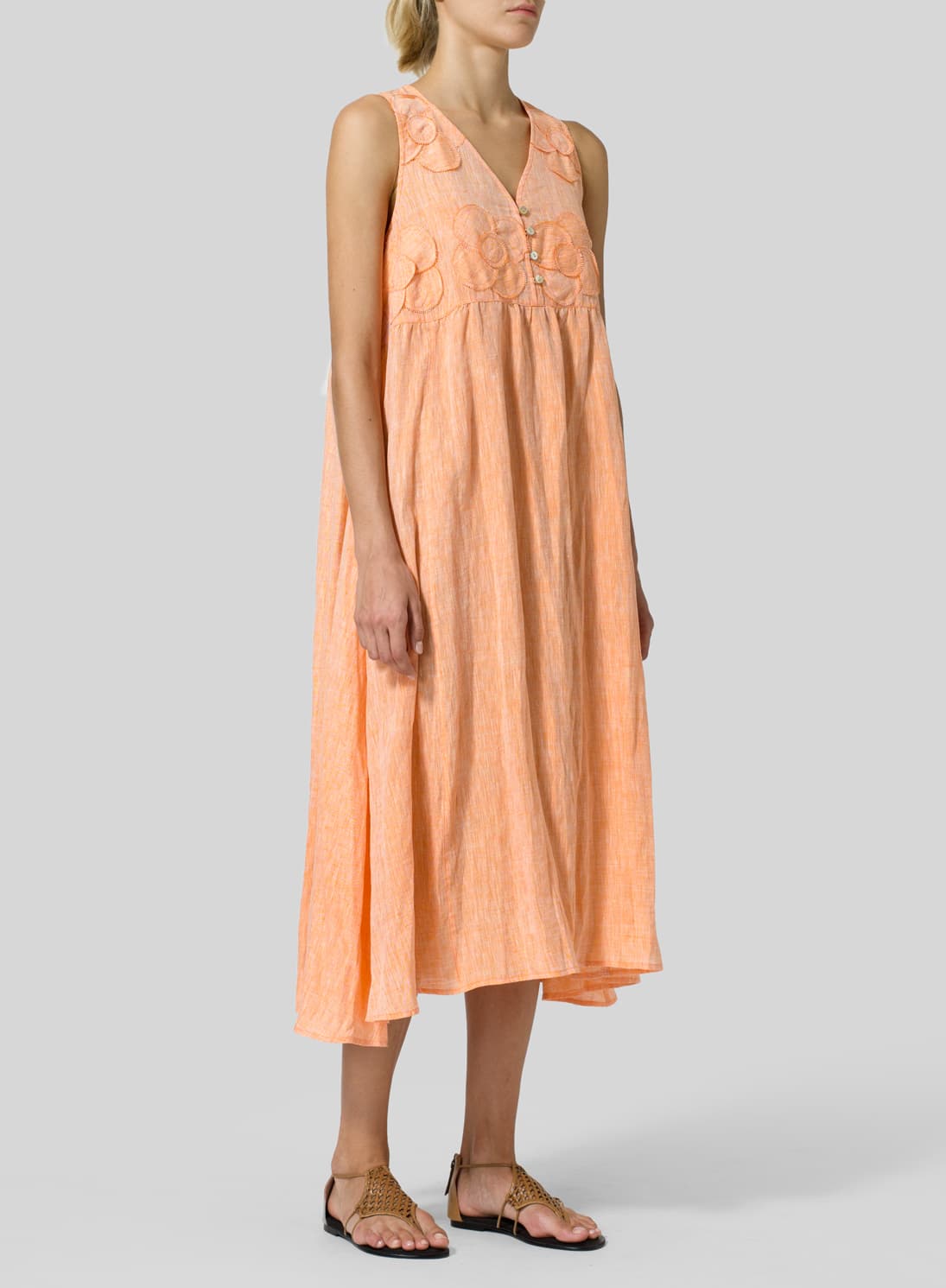 SUN ORANGE LINEN SLEEVELESS A LINE LONG DRESS