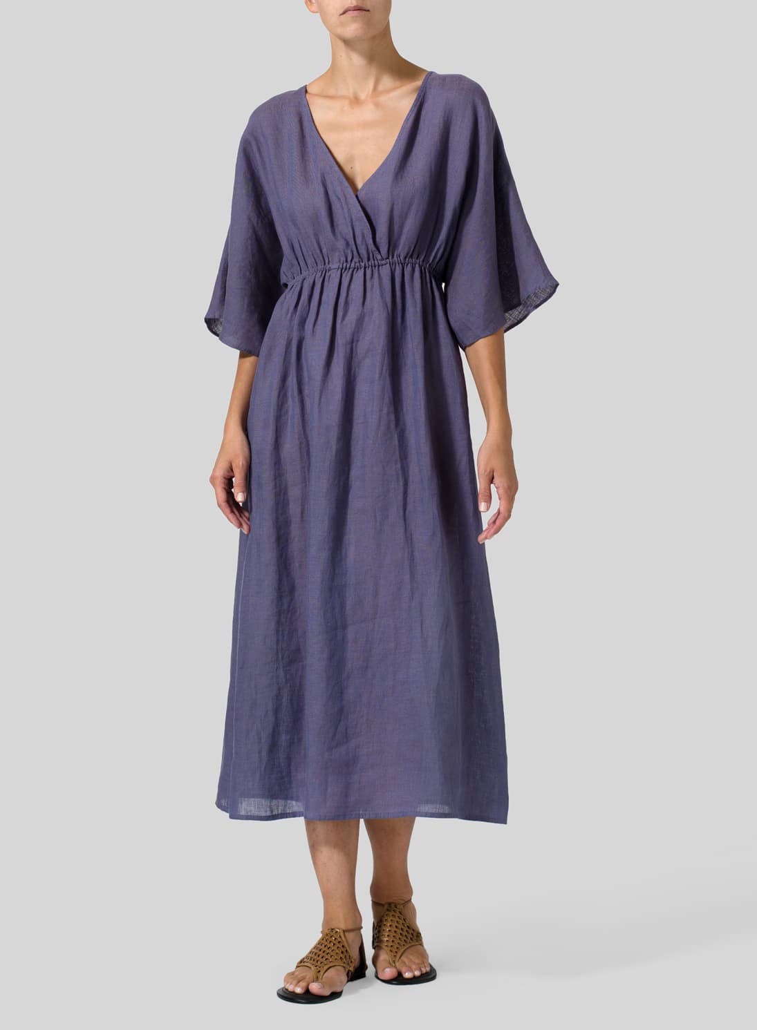 PURPLE LINEN V NECK DOLMAN SLEEVES DRESS