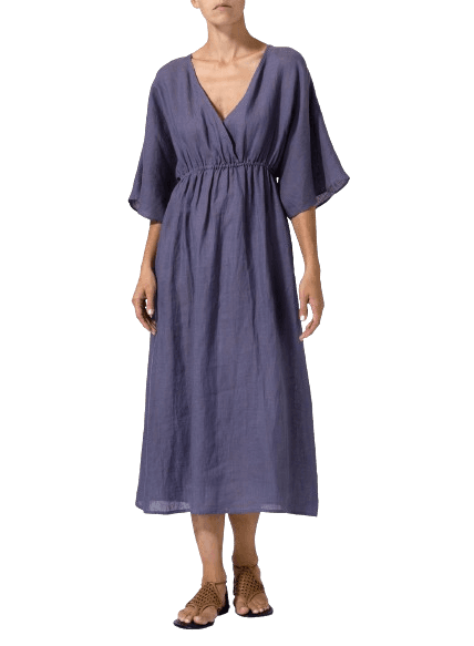PURPLE LINEN V NECK DOLMAN SLEEVES DRESS