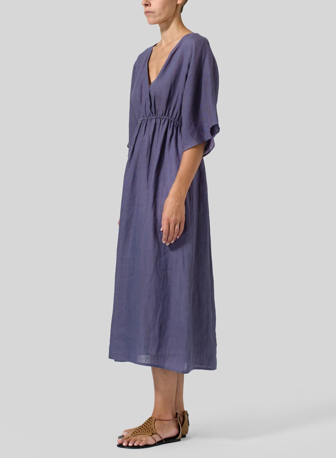 PURPLE LINEN V NECK DOLMAN SLEEVES DRESS